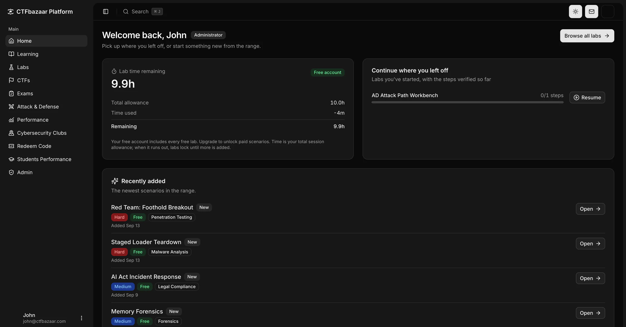 Das Cyber-Range-Dashboard: verbleibende Laborzeit eines kostenlosen Kontos, ein begonnenes Lab zum Fortsetzen und neu hinzugefügte Szenarien mit Schwierigkeits- und Themen-Tags.